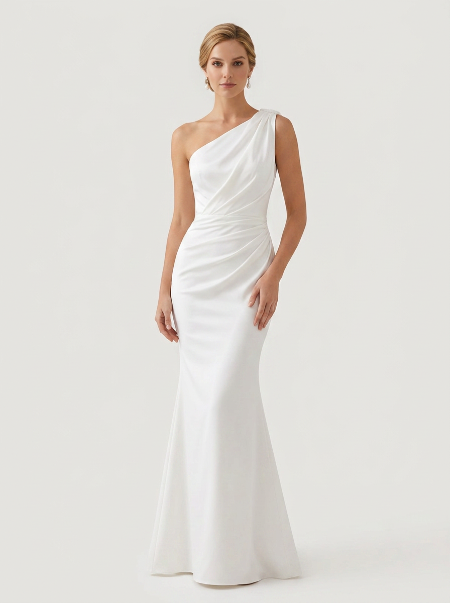 Elegant One-Shoulder White Satin Ruched Trumpet Wedding Dress with Sweep Train
