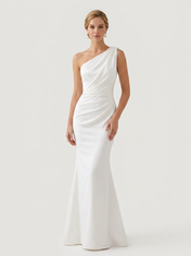 Elegant One-Shoulder White Satin Ruched Trumpet Wedding Dress with Sweep Train