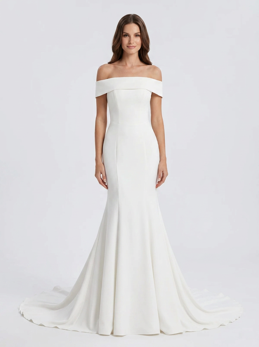 Elegant Off-the-Shoulder White Satin Trumpet Wedding Dress with Chapel Train
