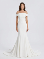 Elegant Off-the-Shoulder White Satin Trumpet Wedding Dress with Chapel Train