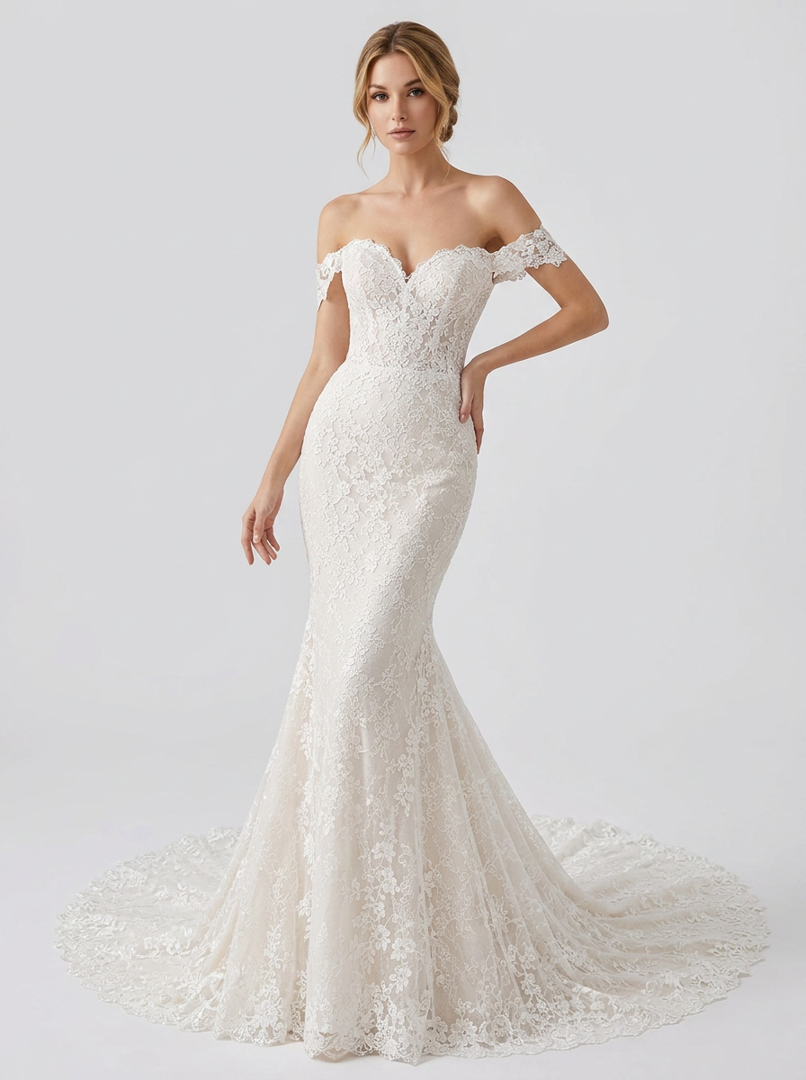 Elegant Off-the-Shoulder White Lace Trumpet Wedding Dresses with Corset and Chapel Train