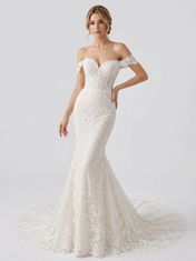 Elegant Off-the-Shoulder White Lace Trumpet Wedding Dresses with Corset and Chapel Train