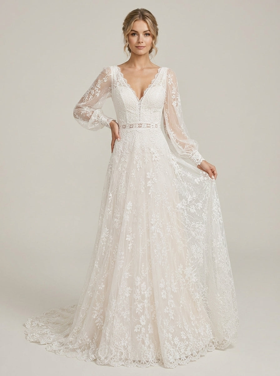 Boho V-Neck Long-Sleeve White Lace A-Line Wedding Dress with Chapel Train