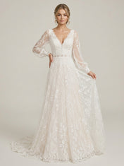 Boho V-Neck Long-Sleeve White Lace A-Line Wedding Dress with Chapel Train