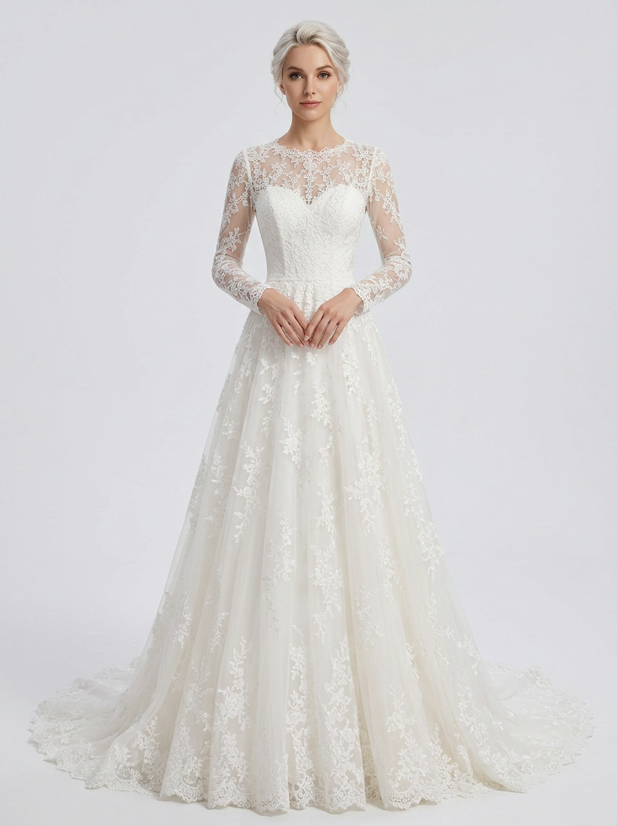 Elegant Illusion High-Neck White Lace A-Line Wedding Dress with Chapel Train