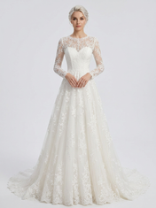 Elegant Illusion High-Neck White Lace A-Line Wedding Dress with Chapel Train