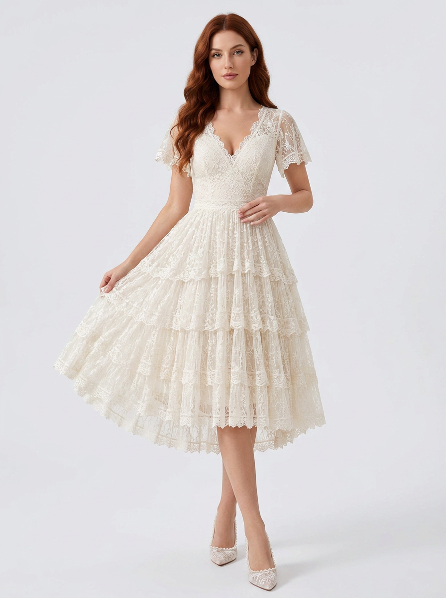 Elegant V-Neck White Lace Midi Cocktail Wedding Dress with Tiered Skirt