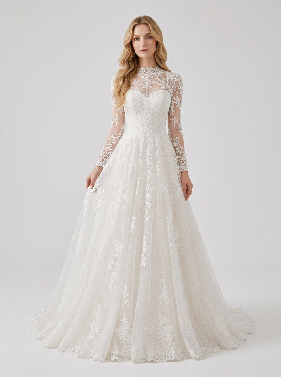 Elegant Illusion High-Neck Long-Sleeve White Lace A-Line Wedding Dress with Chapel Train
