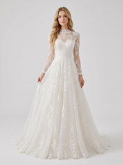 Elegant Illusion High-Neck Long-Sleeve White Lace A-Line Wedding Dress with Chapel Train