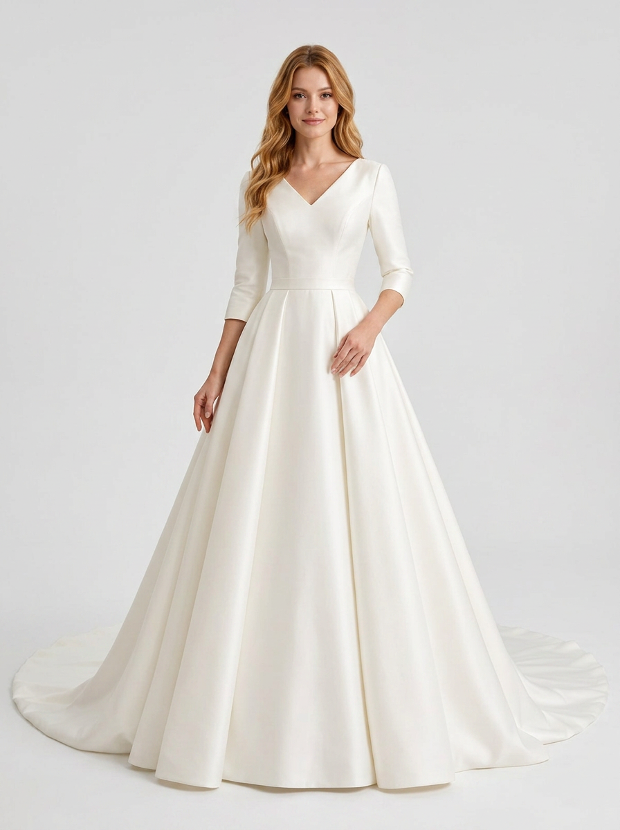 Elegant V-Neck White Satin Ball Gown Wedding Dress with Half Sleeves and Chapel Train