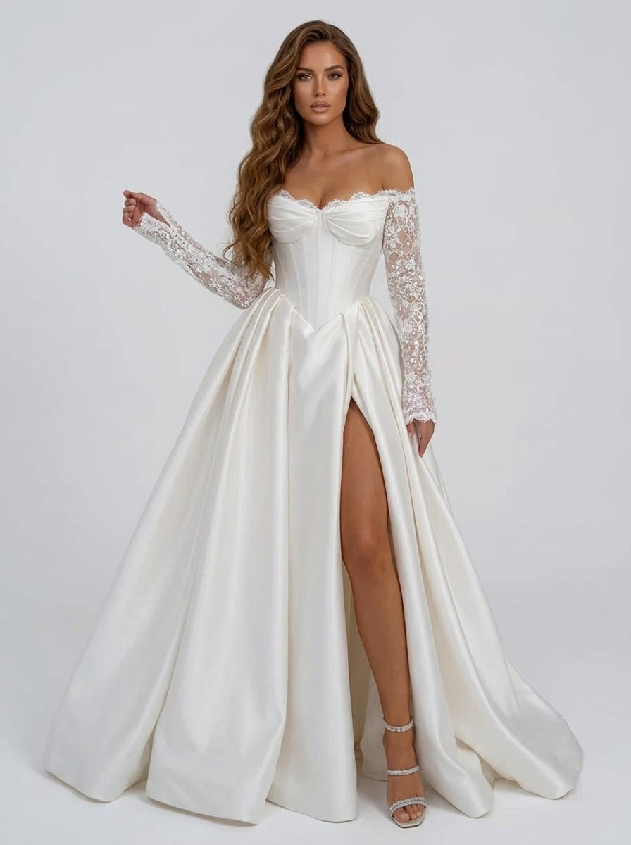Elegant Off-the-Shoulder Lace Long Sleeve Satin A-Line Wedding Dress with High Slit and Sweep Train