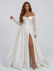 Elegant Off-the-Shoulder Lace Long Sleeve Satin A-Line Wedding Dress with High Slit and Sweep Train
