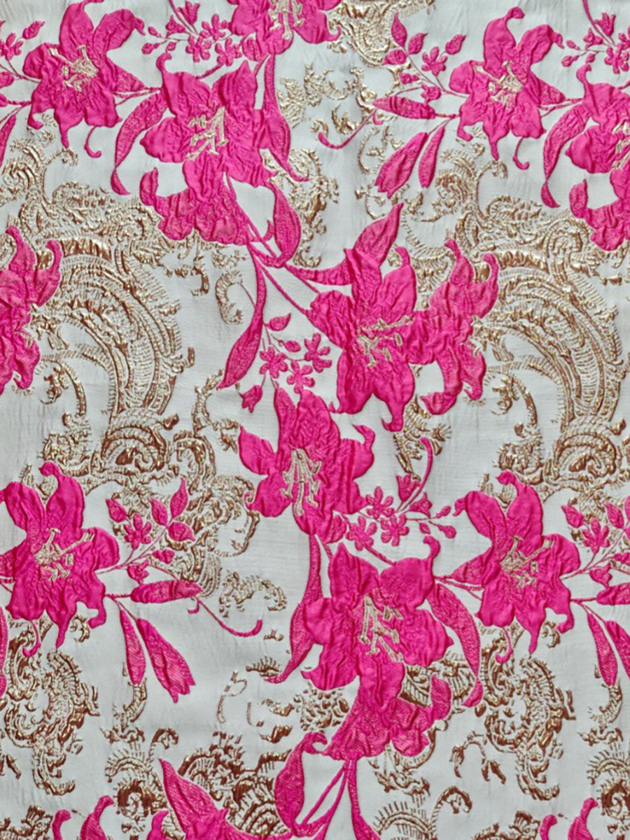 Hot Pink and Gold Brocade Off-the-Shoulder Floor-Length Gown Dress