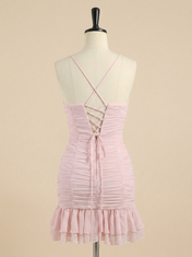 Cute Sheath Satin Short Homecoming Dress with Ruffles