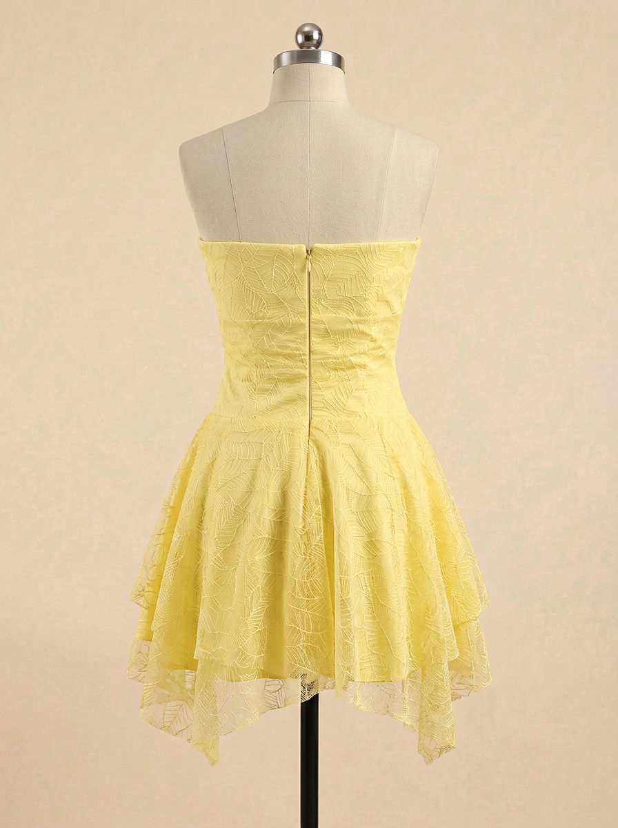 Yellow Leaf Lace Asymmetrical Short Homecoming Dress