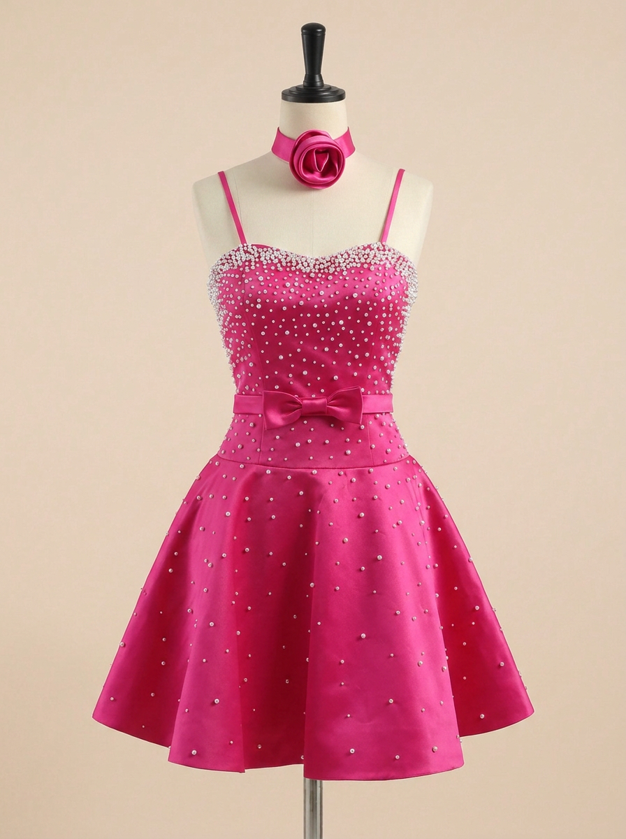Hot Pink Pearl Beaded Choker Short Homecoming Dress