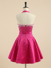 Hot Pink Pearl Beaded Choker Short Homecoming Dress