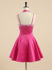 Hot Pink Pearl Beaded Choker Short Homecoming Dress