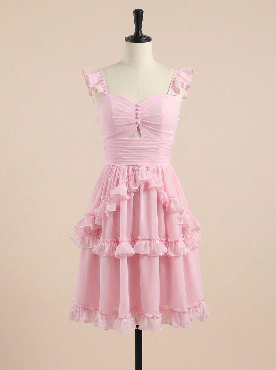 Pink Ruffled Lace-Up Short Homecoming Dress