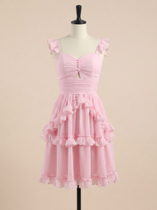 Pink Ruffled Lace-Up Short Homecoming Dress