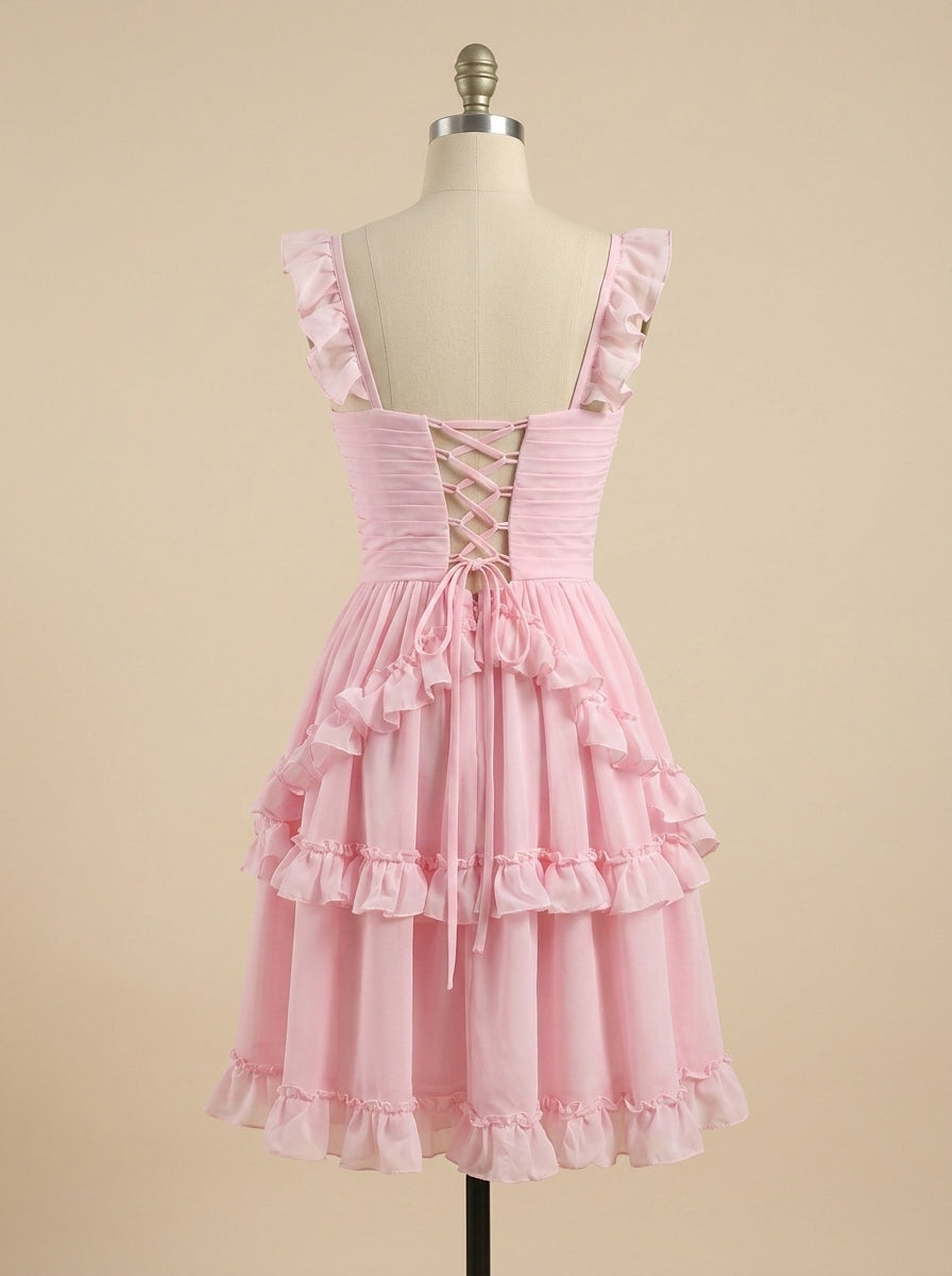 Pink Ruffled Lace-Up Short Homecoming Dress
