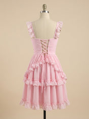 Pink Ruffled Lace-Up Short Homecoming Dress