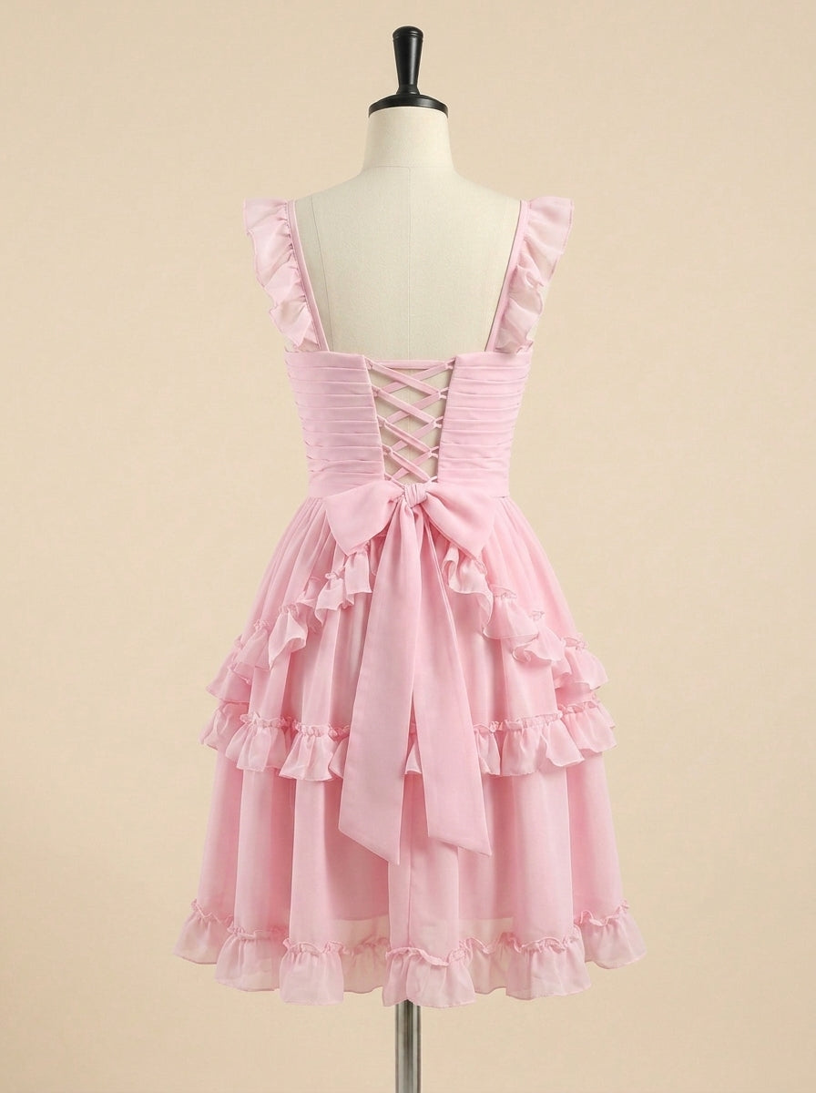 Pink Ruffled Lace-Up Short Homecoming Dress