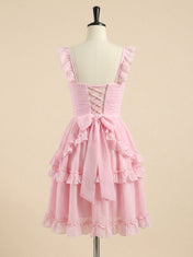 Pink Ruffled Lace-Up Short Homecoming Dress
