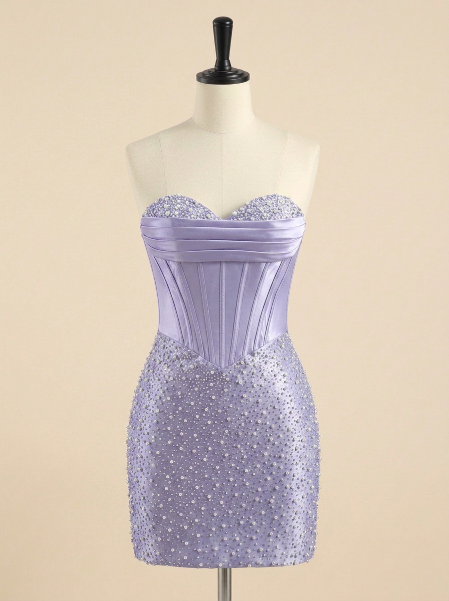 Lavender Pearl Beaded Lace-Up Short Homecoming Dress