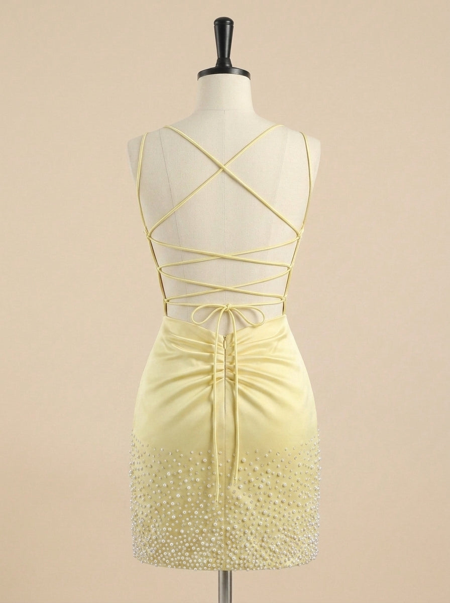 Yellow Pearl Beaded Lace-Up Short Homecoming Dress