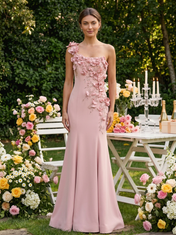 Blush Pink One-Shoulder Floral Applique Floor-Length Gown Dress
