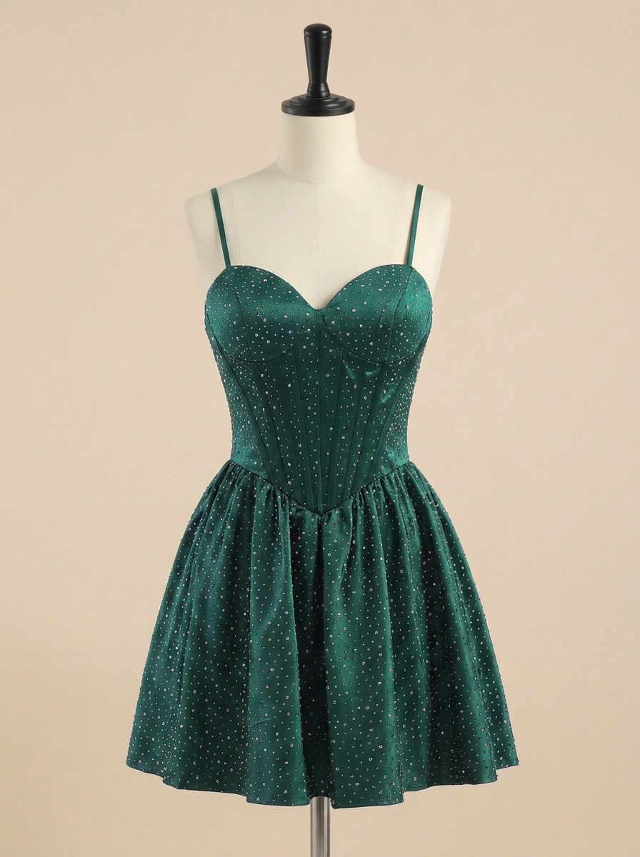 Dark Green Glitter A-Line Spaghetti Straps Short Homecoming Dress with Beaded