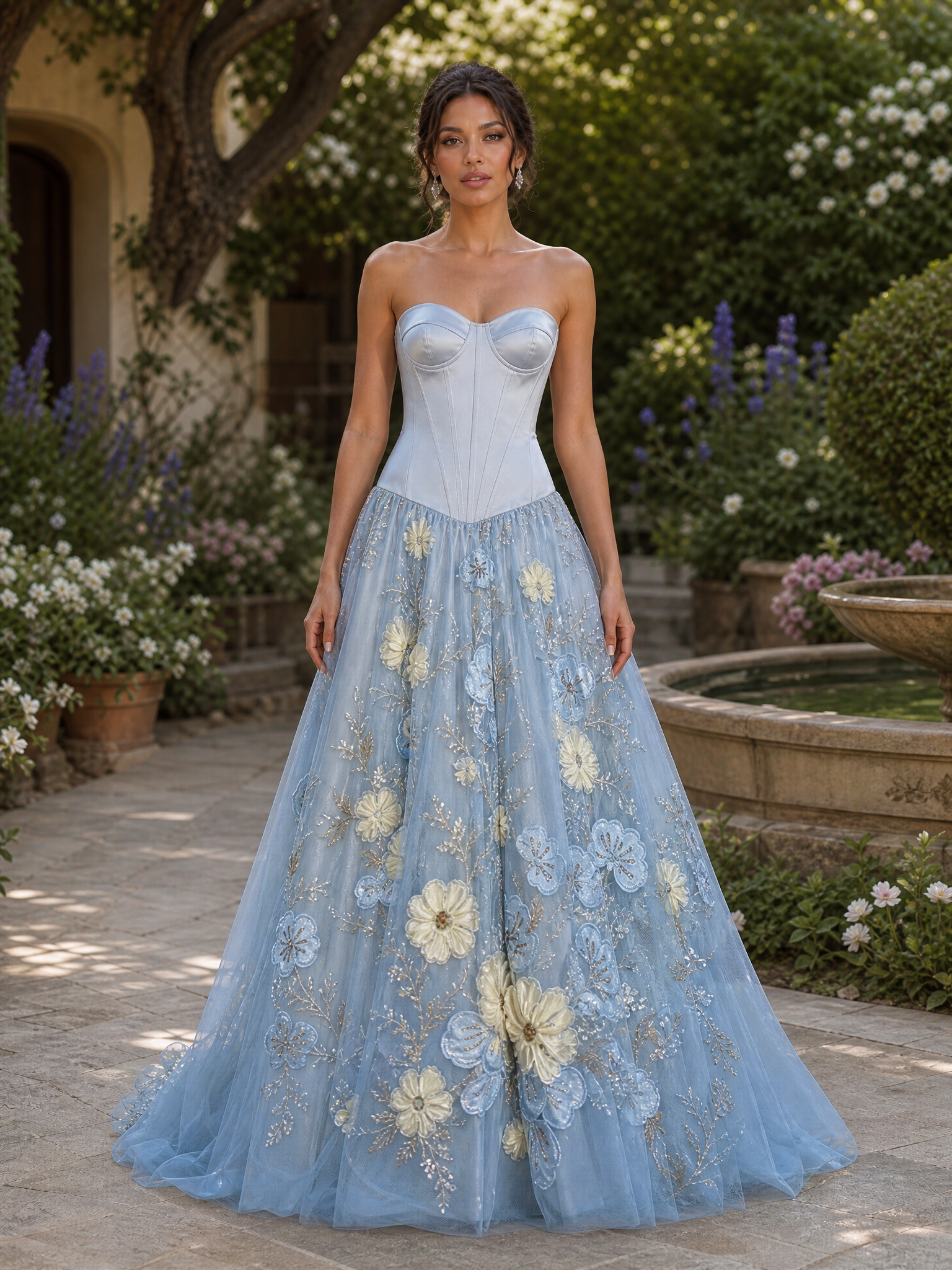 Baby Blue Strapless 3D Floral Applique Floor-Length Gown Dress