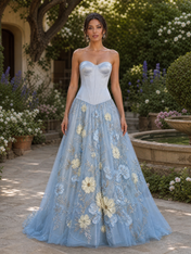 Baby Blue Strapless 3D Floral Applique Floor-Length Gown Dress