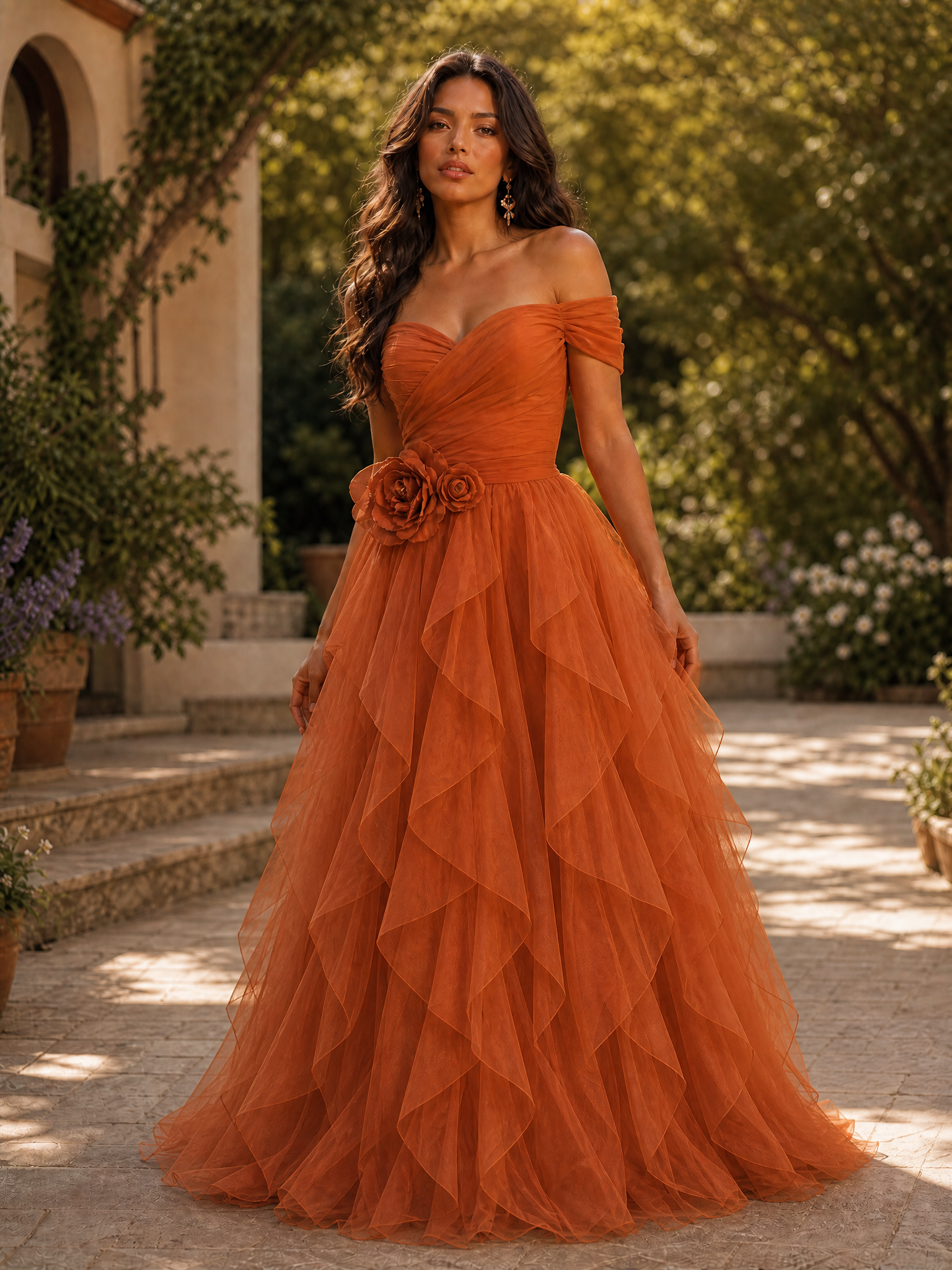 Rust Orange Off-the-Shoulder Tiered Tulle Floor-Length Gown Dress
