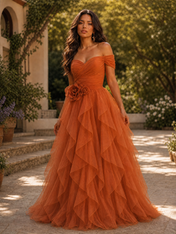 Rust Orange Off-the-Shoulder Tiered Tulle Floor-Length Gown Dress