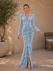 Light Blue V-Neck Long Sleeve Sequin Floral Floor-Length Gown Dress