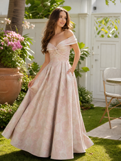Blush Pink and Gold Brocade Off-the-Shoulder Floor-Length Gown Dress