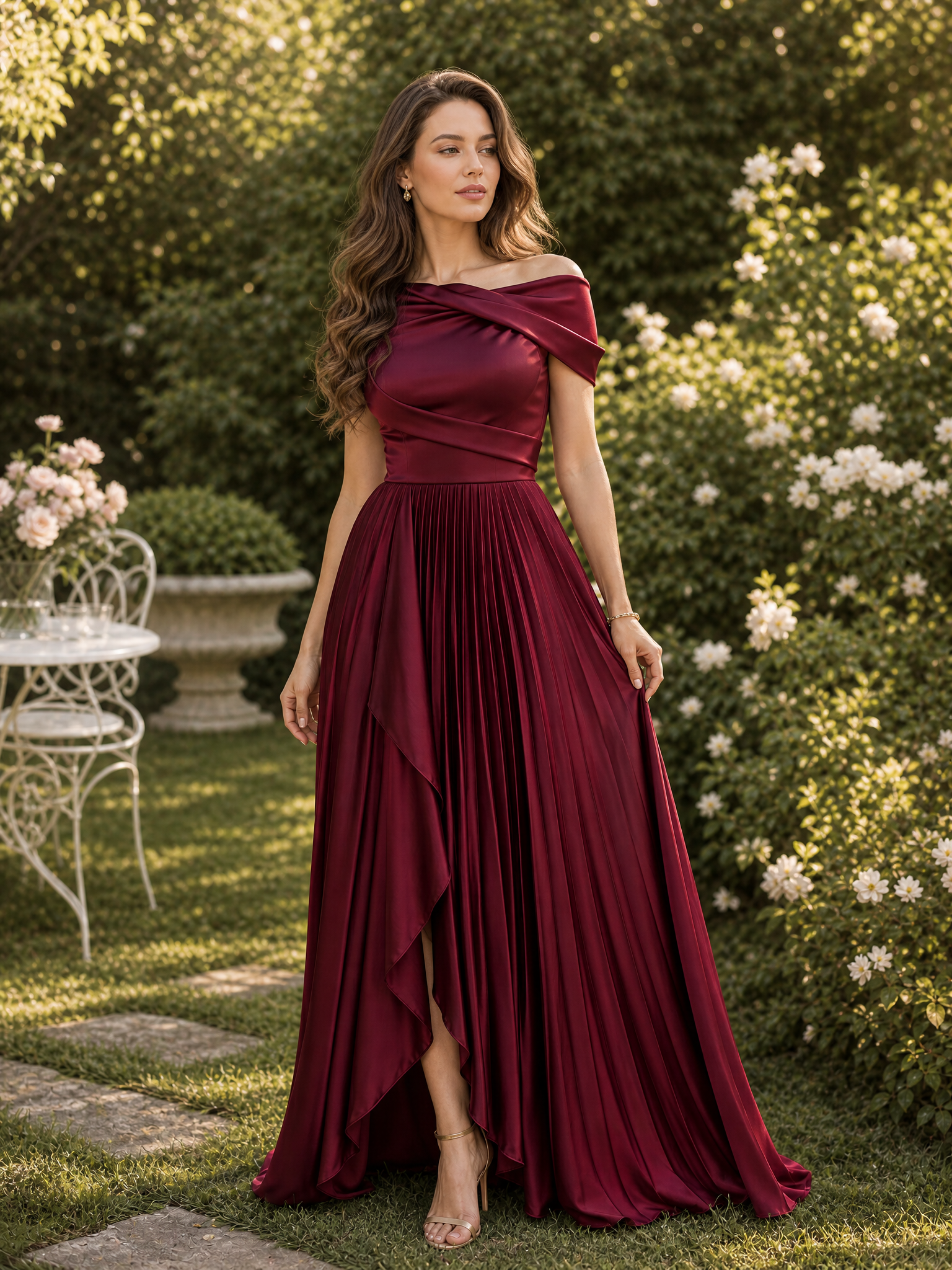 Burgundy Off-The-Shoulder Pleated Draped Split A-Line Floor-Length Gown Dress