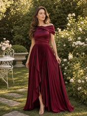 Burgundy Off-The-Shoulder Pleated Draped Split A-Line Floor-Length Gown Dress