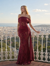 Off-the-Shoulder Burgundy Lace Evening Dresses with Draped Overlay and Cascading Sash