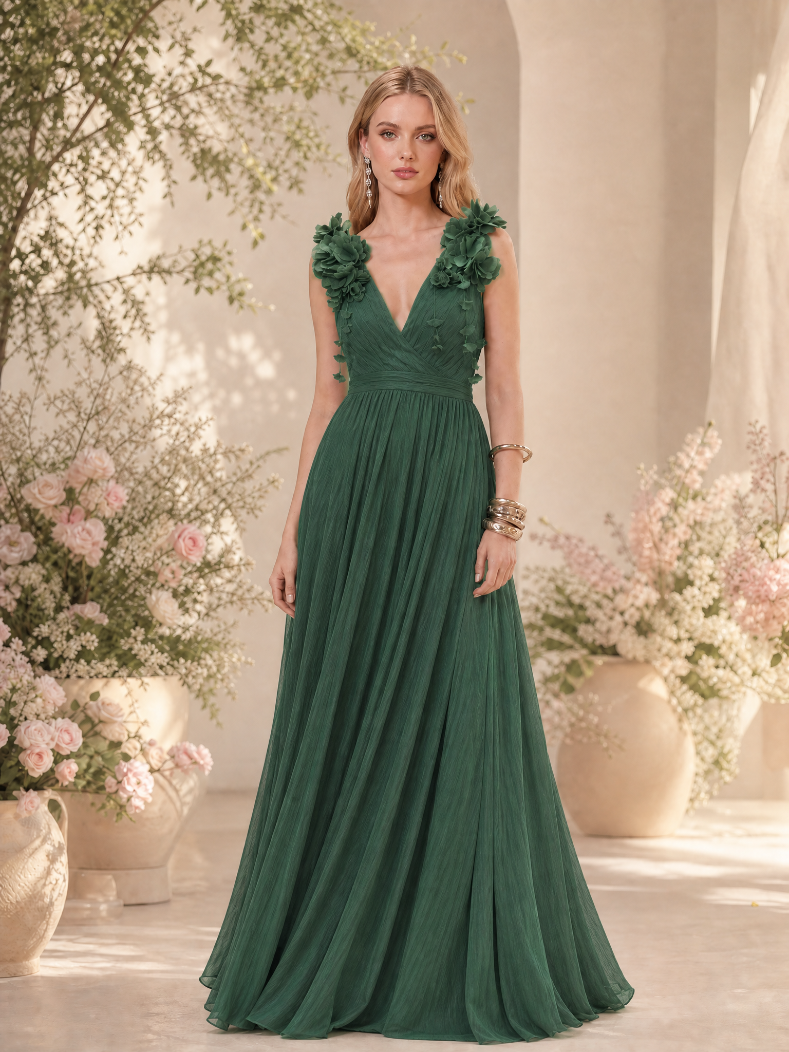 V-Neck Emerald Green Pleated Tulle Evening Dresses with 3D Floral Applique Straps