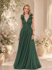 V-Neck Emerald Green Pleated Tulle Evening Dresses with 3D Floral Applique Straps