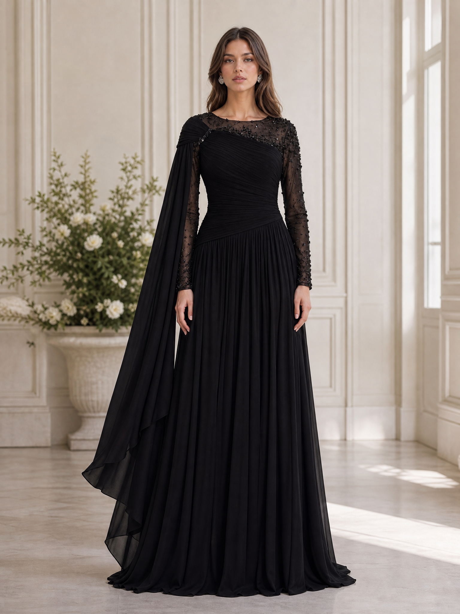 Black One-Shoulder Beaded Long Sleeve Pleated Floor-Length Gown Dress