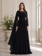 Black One-Shoulder Beaded Long Sleeve Pleated Floor-Length Gown Dress