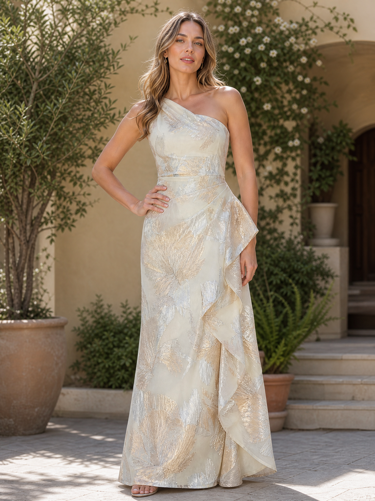 Champagne and Gold Brocade One-Shoulder Floor-Length Gown Dress