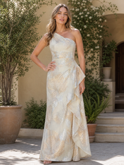 Champagne and Gold Brocade One-Shoulder Floor-Length Gown Dress