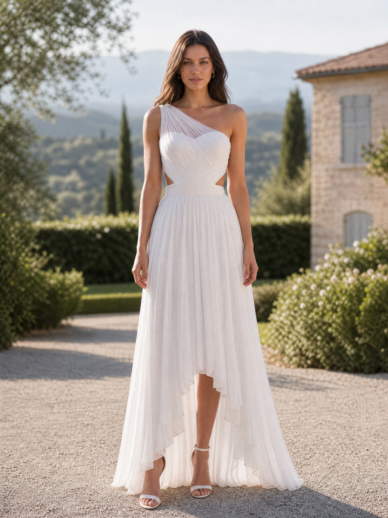 Elegant One-Shoulder Pleated Chiffon A-Line Wedding Dress with High-Low Hem and Sweep Train