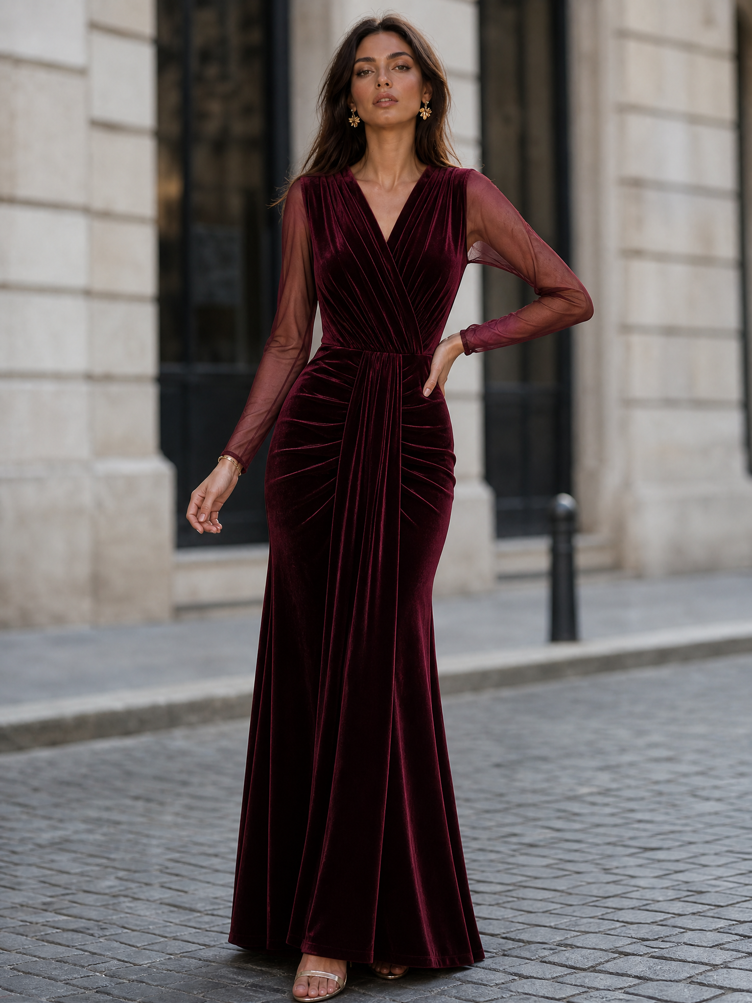 Long-Sleeve Burgundy Velvet Evening Dresses with Sheer Mesh Sleeves and Cascading Front Drape