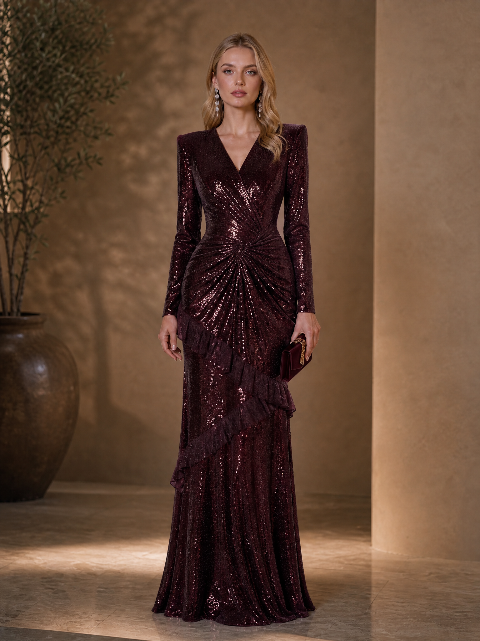 Burgundy Sequin V-Neck Long Sleeve Floor-Length Evening Dress